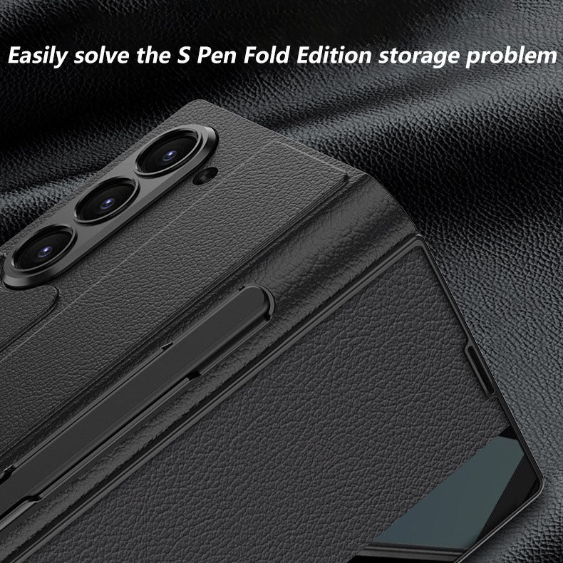 Leather Card Holder Pen-Slot Phone Cover With Glass Screen Protector For Galaxy Z Fold 6/7