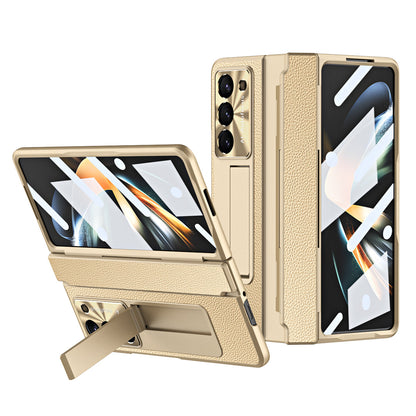 Luxury Leather Magnetic Bracket Shell Electroplated Phone Case For Samsung Galaxy Z Fold3/4/5 With Back Screen Glass - Mycasety Mycasety