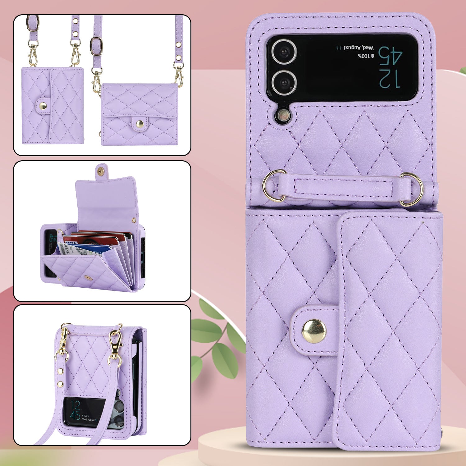 Luxury Leather Card Holder Phone Case With Chain For Samsung Galaxy Z Flip3 Flip4 Flip5 5G - {{ shop_name}} varyfun