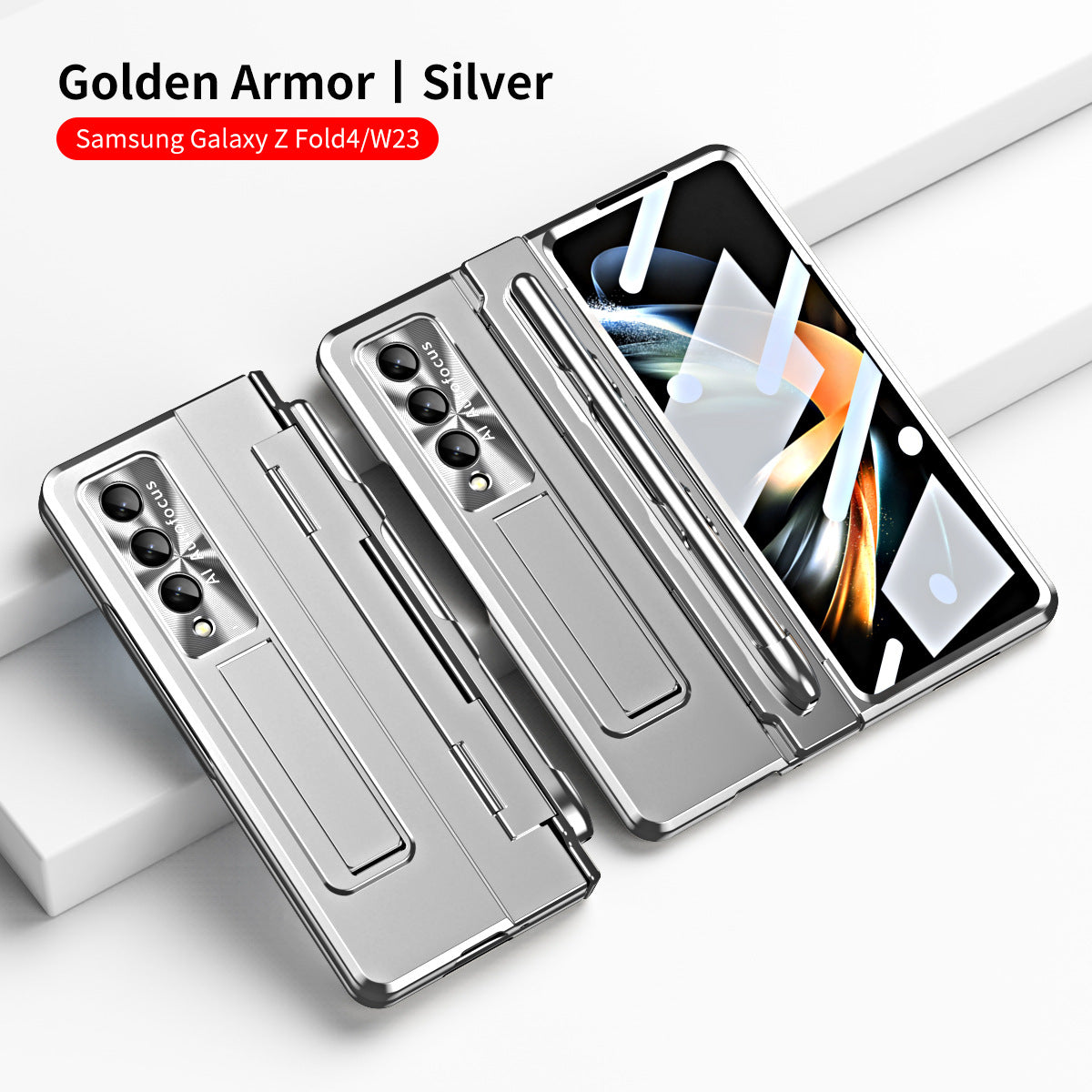 Golden Armor Hinge Magnetic Bracket Protective Phone Case With Front Protection Film For Samsung Galaxy Z Fold5 Fold4 Fold3 - Mycasety Mycasety