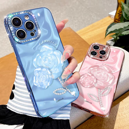 Camellia Flower Diamond Glass iPhone Case - {{ shop_name}} varyfun