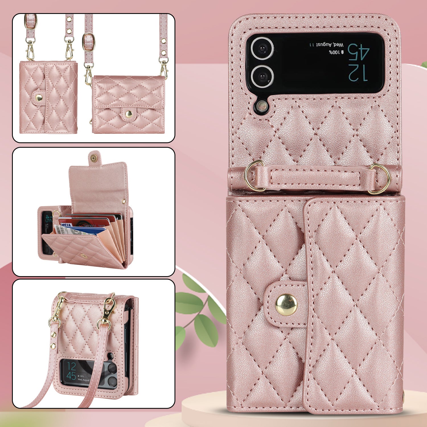 Luxury Leather Card Holder Phone Case With Chain For Samsung Galaxy Z Flip3 Flip4 Flip5 5G - {{ shop_name}} varyfun
