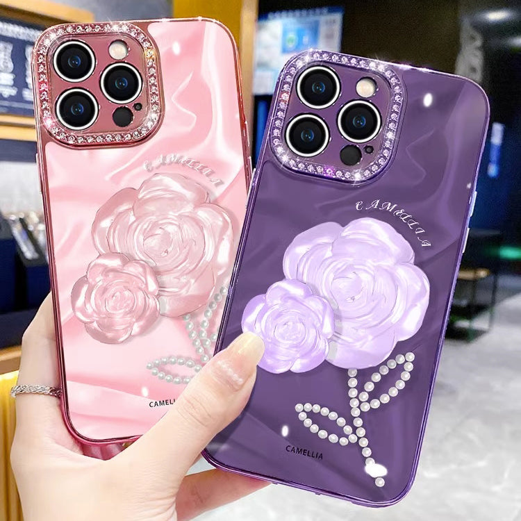 Camellia Flower Diamond Glass iPhone Case - {{ shop_name}} varyfun