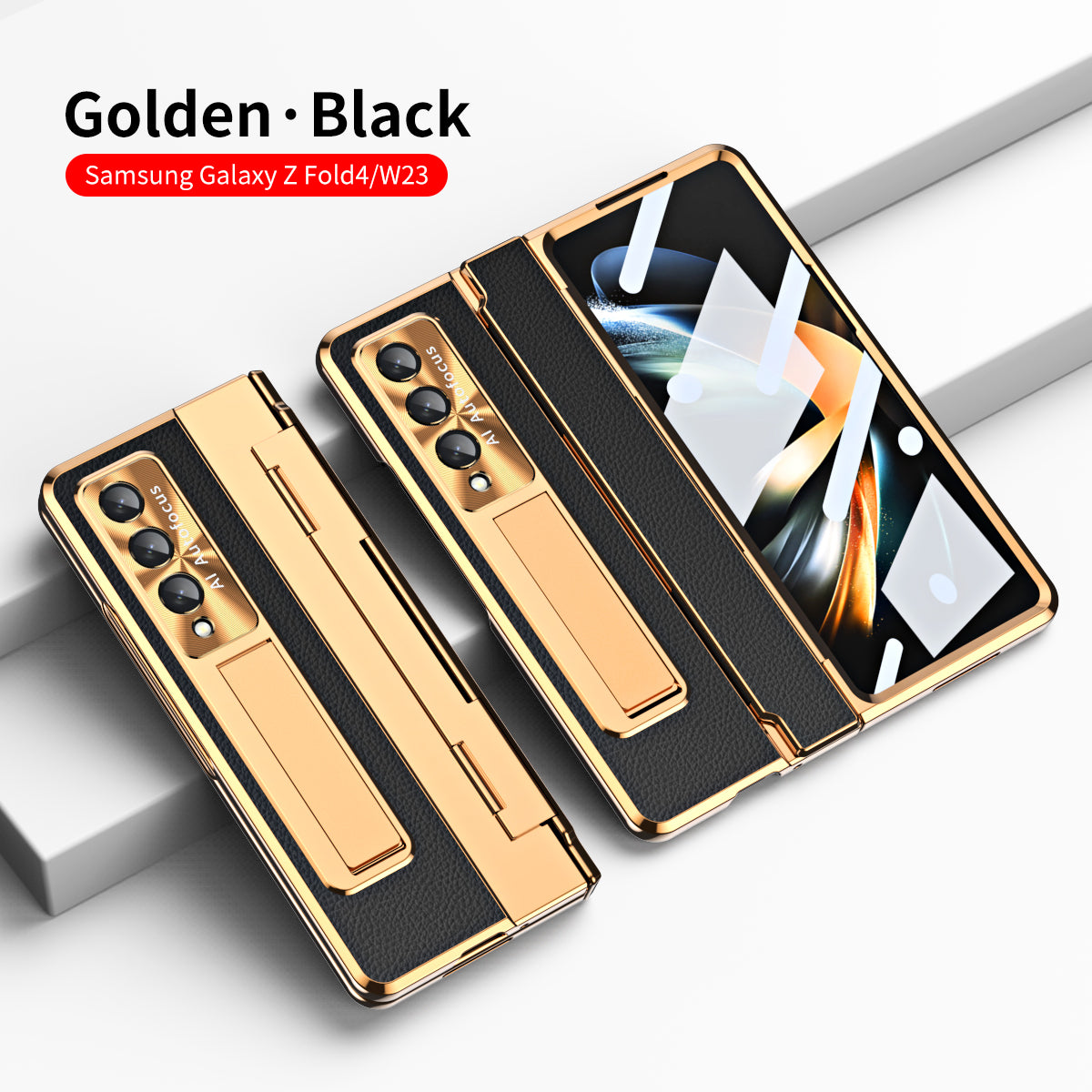 Hinge Leather Shell Electroplated Case With Bracket For Samsung Galaxy Z Fold4 Fold3 5G - {{ shop_name}} varyfun