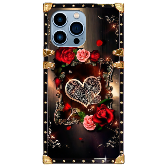 Luxury Brand Rose Heart Gold Square Case For iPhone