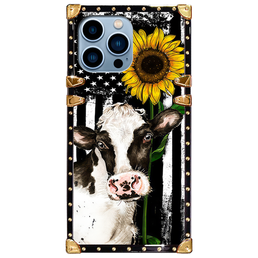 Luxury Brand Cow Sunflower Gold Square Case For iPhone