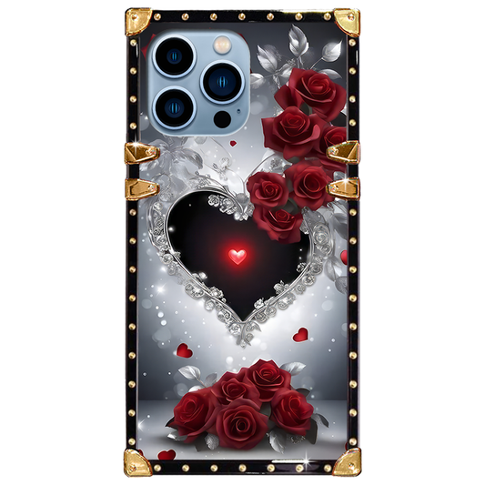 Luxury Brand Rose Diamond Heart Gold Square Case For iPhone