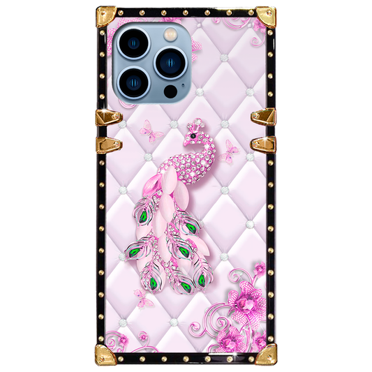Luxury Brand Pink Peacock Gold Square Case For iPhone