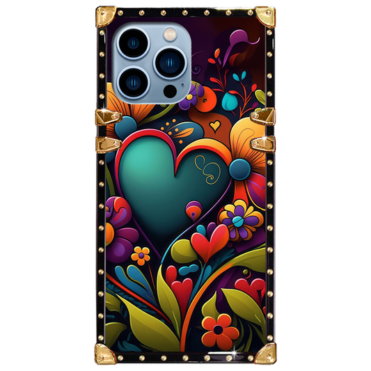 Luxury Brand Colorful Hearts Gold Square Case For iPhone