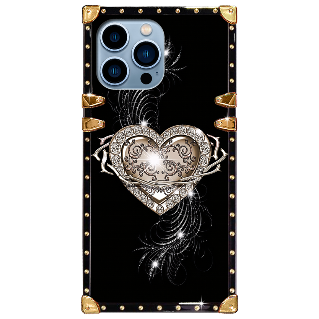 Luxury Brand Diamond Heart Gold Square Case For iPhone