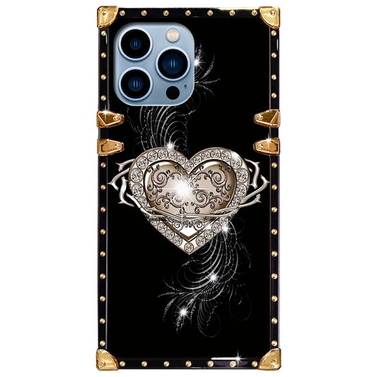 Luxury Brand Diamond Heart Gold Square Case For iPhone