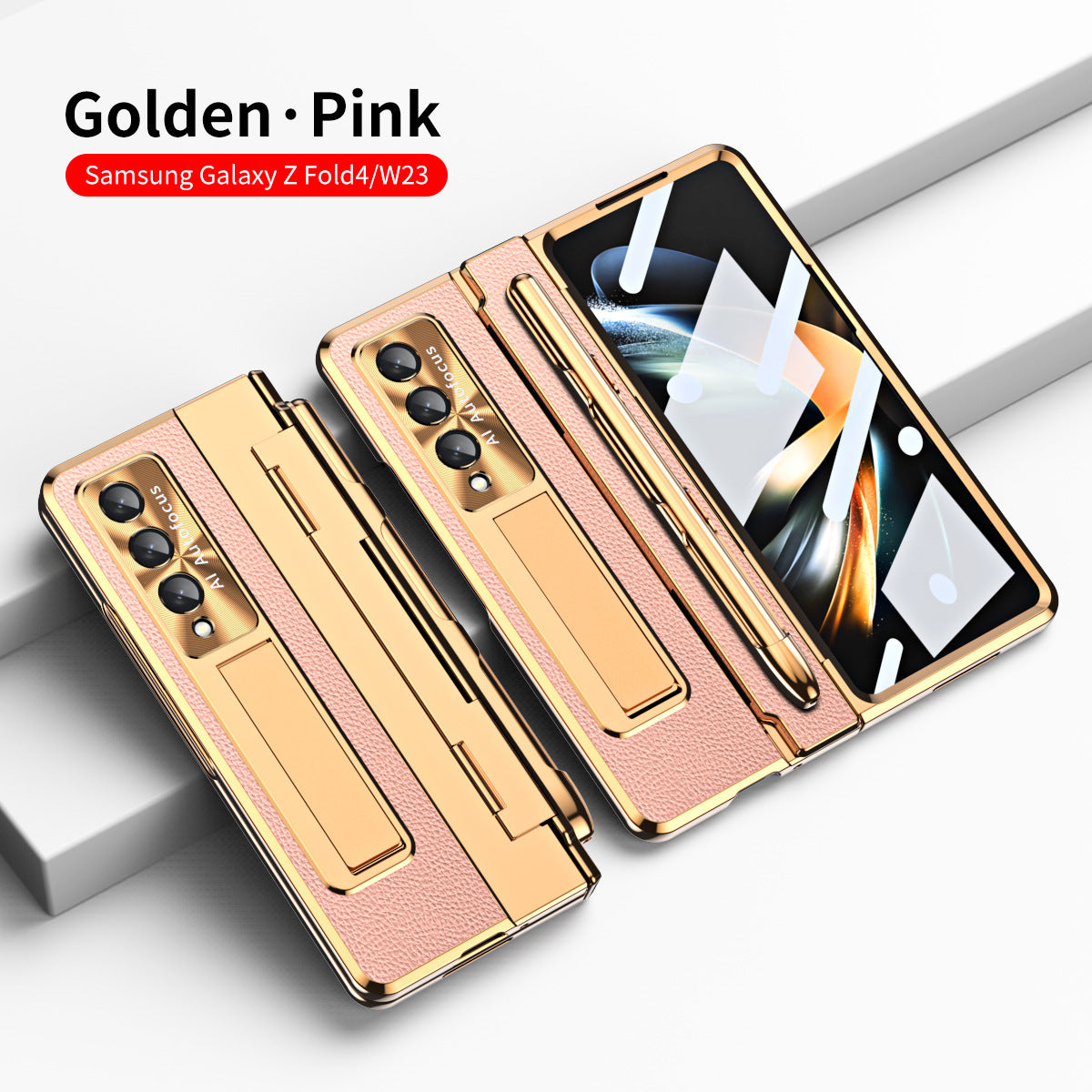 Hinge Folding Leather Magnetic Bracket Shell Electroplated Case For Samsung Galaxy Z Fold4 Fold3 5G With S Pen Slot & Stylus - Mycasety Mycasety