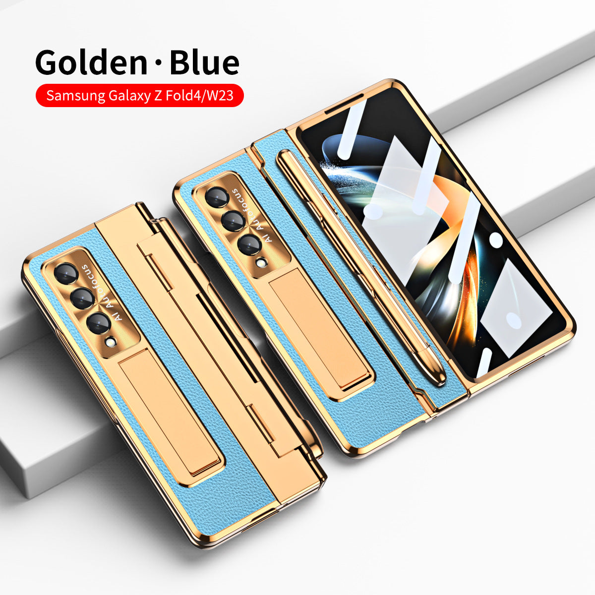 Hinge Folding Leather Magnetic Bracket Shell Electroplated Case For Samsung Galaxy Z Fold4 Fold3 5G With S Pen Slot & Stylus - Mycasety Mycasety