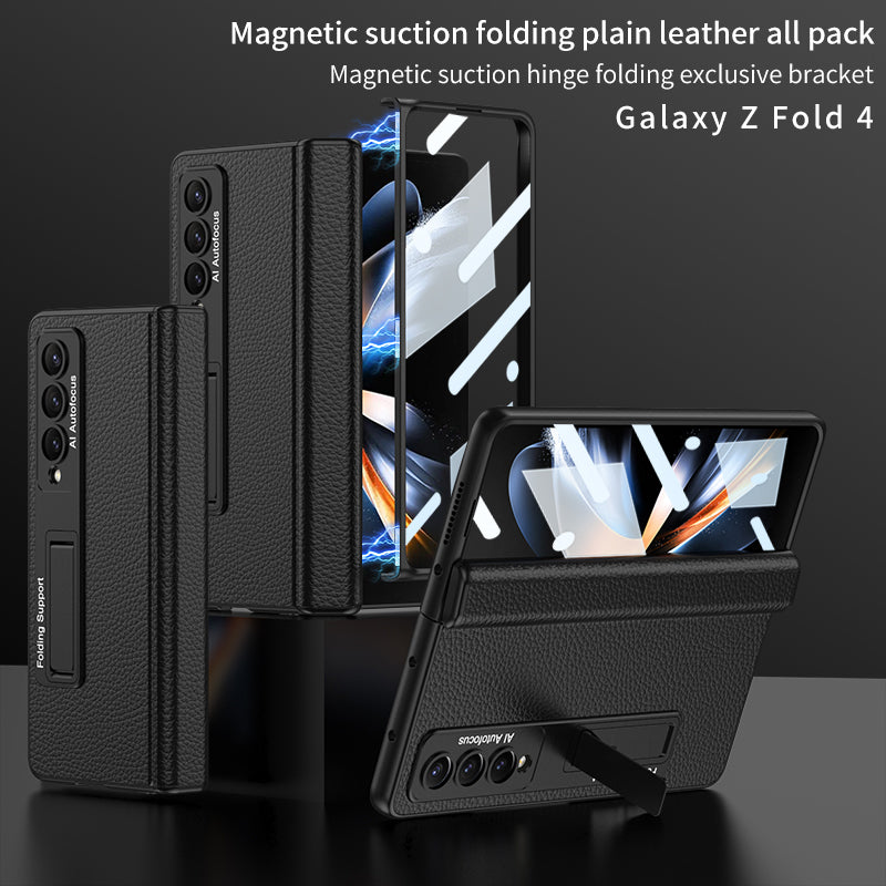 varyfun.com | Products Luxury Leather Magnetic Hinge With Bracket Phone Case For Samsung Galaxy Z Fold4 Fold3 5G