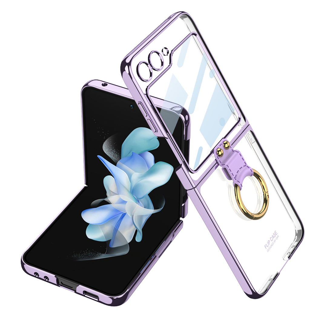 Plating Back Screen Glass Protection Phone Case With Finger-Ring For Samsung Galaxy Z Flip5 Flip4 Flip3 5G - {{ shop_name}} varyfun