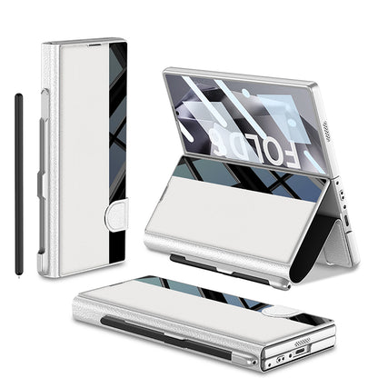 Leather Card Holder Pen-Slot Phone Cover With Glass Screen Protector For Galaxy Z Fold 6/7