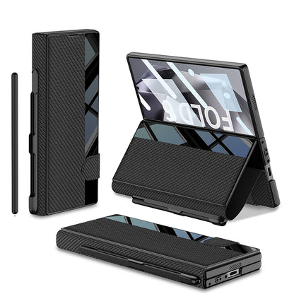 Leather Card Holder Pen-Slot Phone Cover With Glass Screen Protector For Galaxy Z Fold 6/7