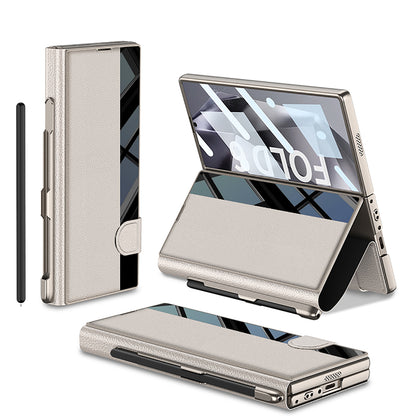 Leather Card Holder Pen-Slot Phone Cover With Glass Screen Protector For Galaxy Z Fold 6/7