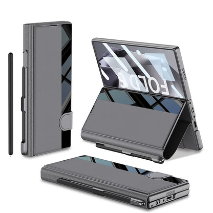 Leather Card Holder Pen-Slot Phone Cover With Glass Screen Protector For Galaxy Z Fold 6/7