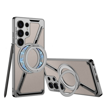 Magnetic Leather Phone Case With Detachable Magnetic Ring Support Wireless Charging For Galaxy S25 Ultra