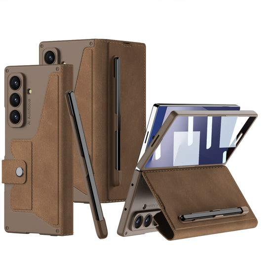 Leather Armor Shockproof Phone Case With Back Screen Film & Pen-Slot For Galaxy Z Fold 7/6/5/4/3