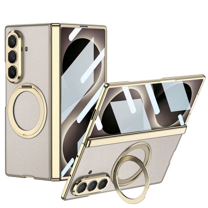 Luxurious Leather Golden Plating Phone Case with Built-In Tempered Glass & Magnetic Bracket For  Galaxy Z Fold8 Wide Ultra