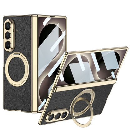 Luxurious Leather Golden Plating Phone Case with Built-In Tempered Glass & Magnetic Bracket For  Galaxy Z Fold8 Wide Ultra