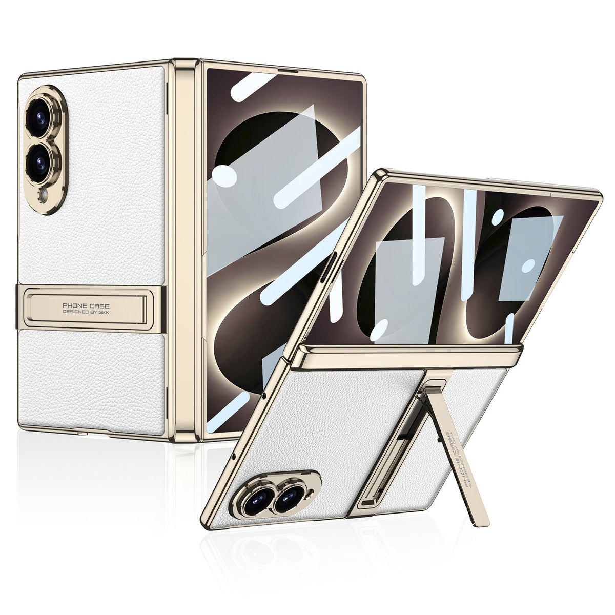 Leather Case For Galaxy Z Fold8 Wide Ultra – Gold-Finish Frame, Built-In Tempered Glass Film & Hidden Kickstand