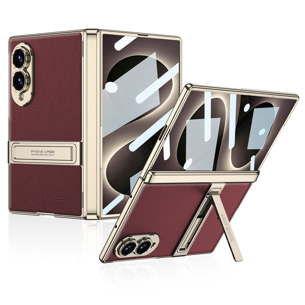 Leather Case For Galaxy Z Fold8 Wide Ultra – Gold-Finish Frame, Built-In Tempered Glass Film & Hidden Kickstand