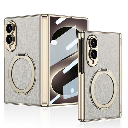 Luxurious Leather Golden Plating Phone Case with Built-In Tempered Glass & Magnetic Bracket For  Galaxy Z Fold8 Wide Ultra