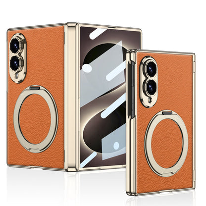 Luxurious Leather Golden Plating Phone Case with Built-In Tempered Glass & Magnetic Bracket For  Galaxy Z Fold8 Wide Ultra