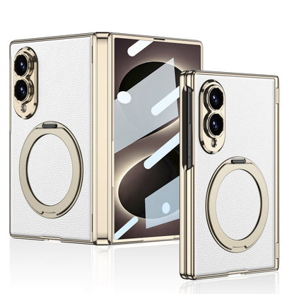 Luxurious Leather Golden Plating Phone Case with Built-In Tempered Glass & Magnetic Bracket For  Galaxy Z Fold8 Wide Ultra