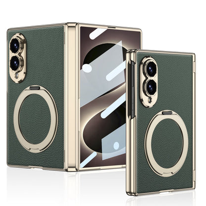 Luxurious Leather Golden Plating Phone Case with Built-In Tempered Glass & Magnetic Bracket For  Galaxy Z Fold8 Wide Ultra