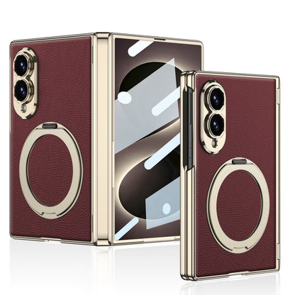 Luxurious Leather Golden Plating Phone Case with Built-In Tempered Glass & Magnetic Bracket For  Galaxy Z Fold8 Wide Ultra