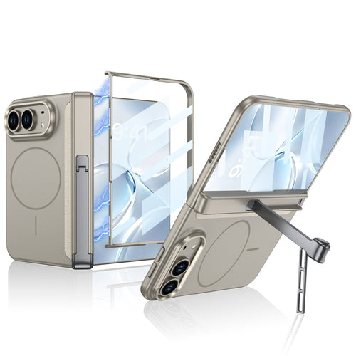 iPhone Duo - Magnetic Hinge Protection Business Cover Built-in Tempered Glass Film & Tri‑Fold Kickstand & Magnetic Ring