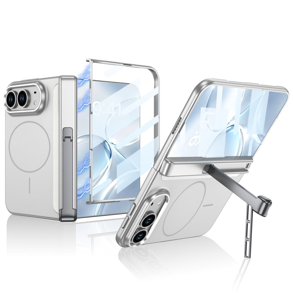 iPhone Duo - Magnetic Hinge Protection Business Cover Built-in Tempered Glass Film & Tri‑Fold Kickstand & Magnetic Ring