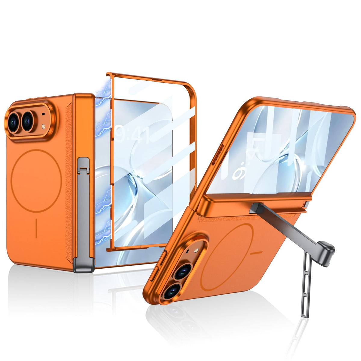 iPhone Duo - Magnetic Hinge Protection Business Cover Built-in Tempered Glass Film & Tri‑Fold Kickstand & Magnetic Ring