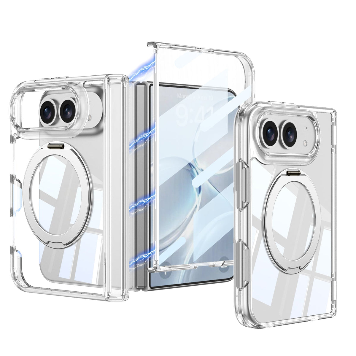iPhone Duo - Magnetic Hinge Protection Clear Cover Built-in Tempered Glass Film & 360° Rotatable Magnetic Ring Kickstand
