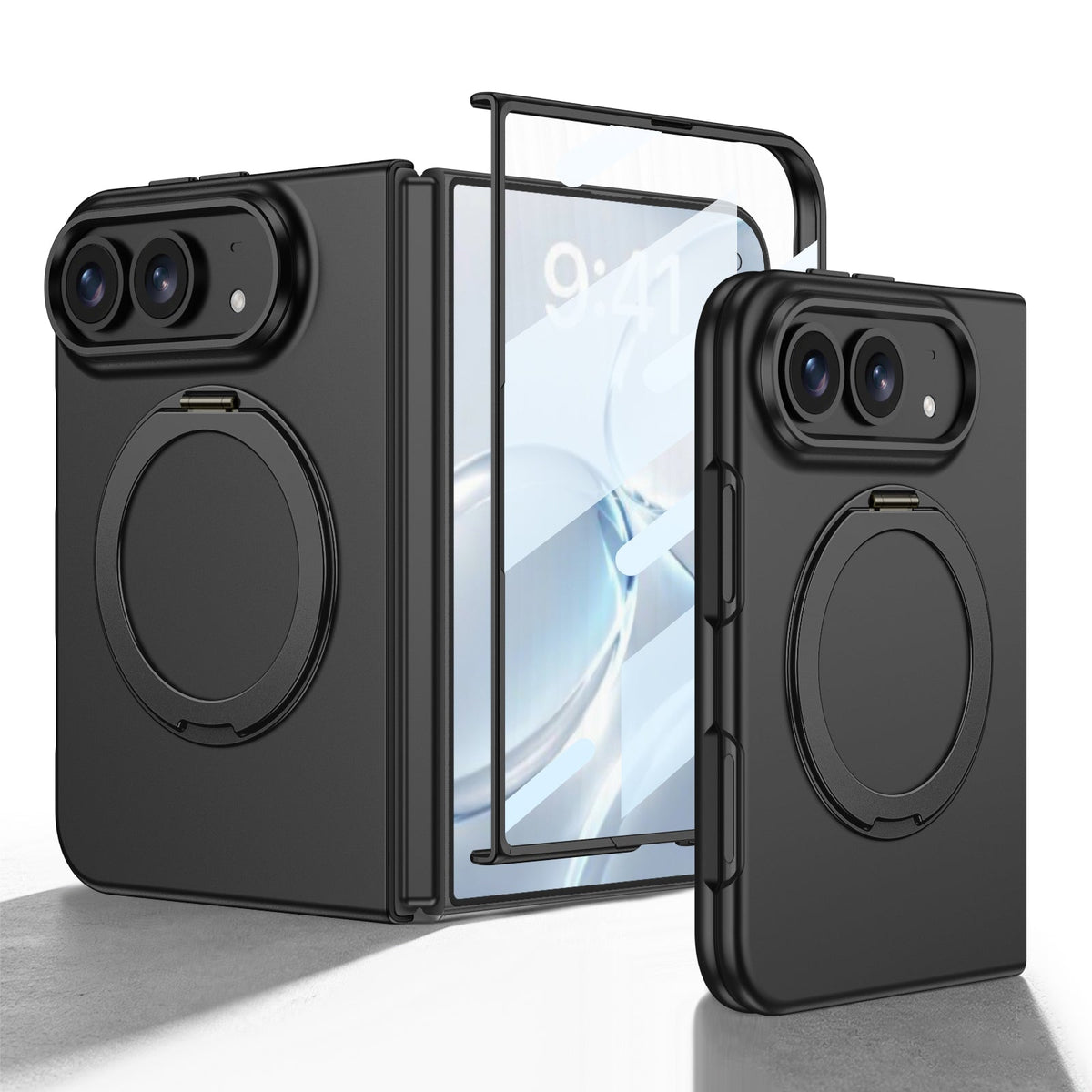 iPhone Duo | Slim Full‑Coverage Phone Case Built-in Tempered Glass Film & 360° Rotatable Magnetic Ring Kickstand