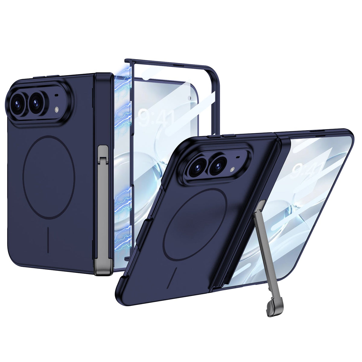 iPhone Ultra - Magnetic Hinge Protection Fashion Cover Built-in Tempered Glass Film & Tri‑Fold Kickstand & Magnetic Ring