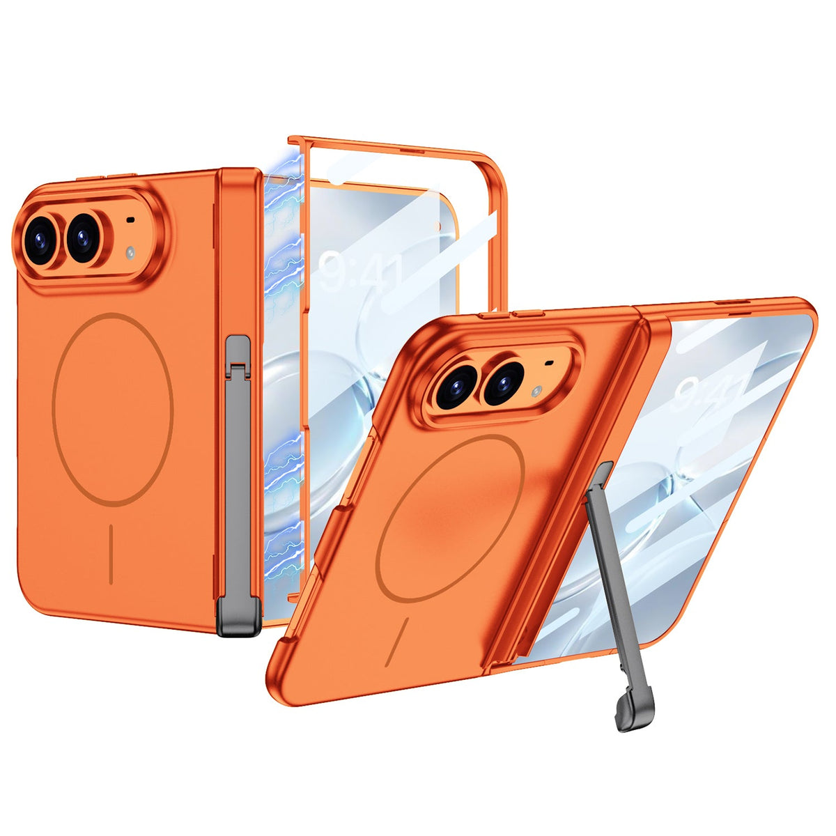 iPhone Duo - Magnetic Hinge Protection Fashion Cover Built-in Tempered Glass Film & Tri‑Fold Kickstand & Magnetic Ring