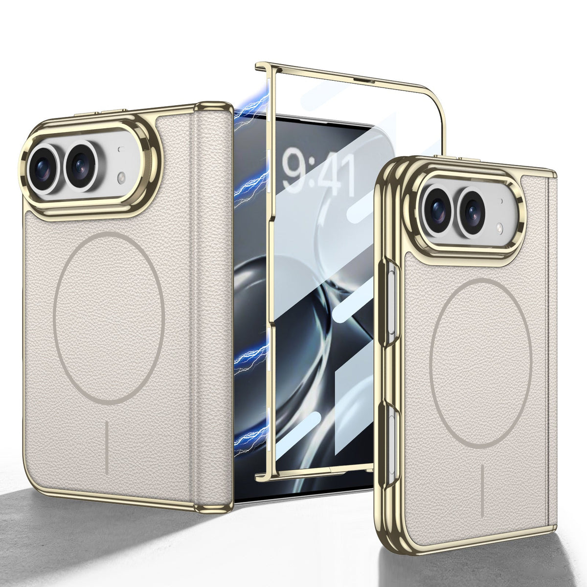 iPhone Duo - Golden Plating Leather Cover Built-in Tempered Glass Screen & Magnetic Coil