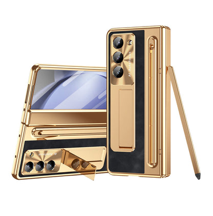 Leather Golden Electroplated Phone Case With Back Screen Glass and Stylus For Galaxy Z Fold8 Wide Ultra