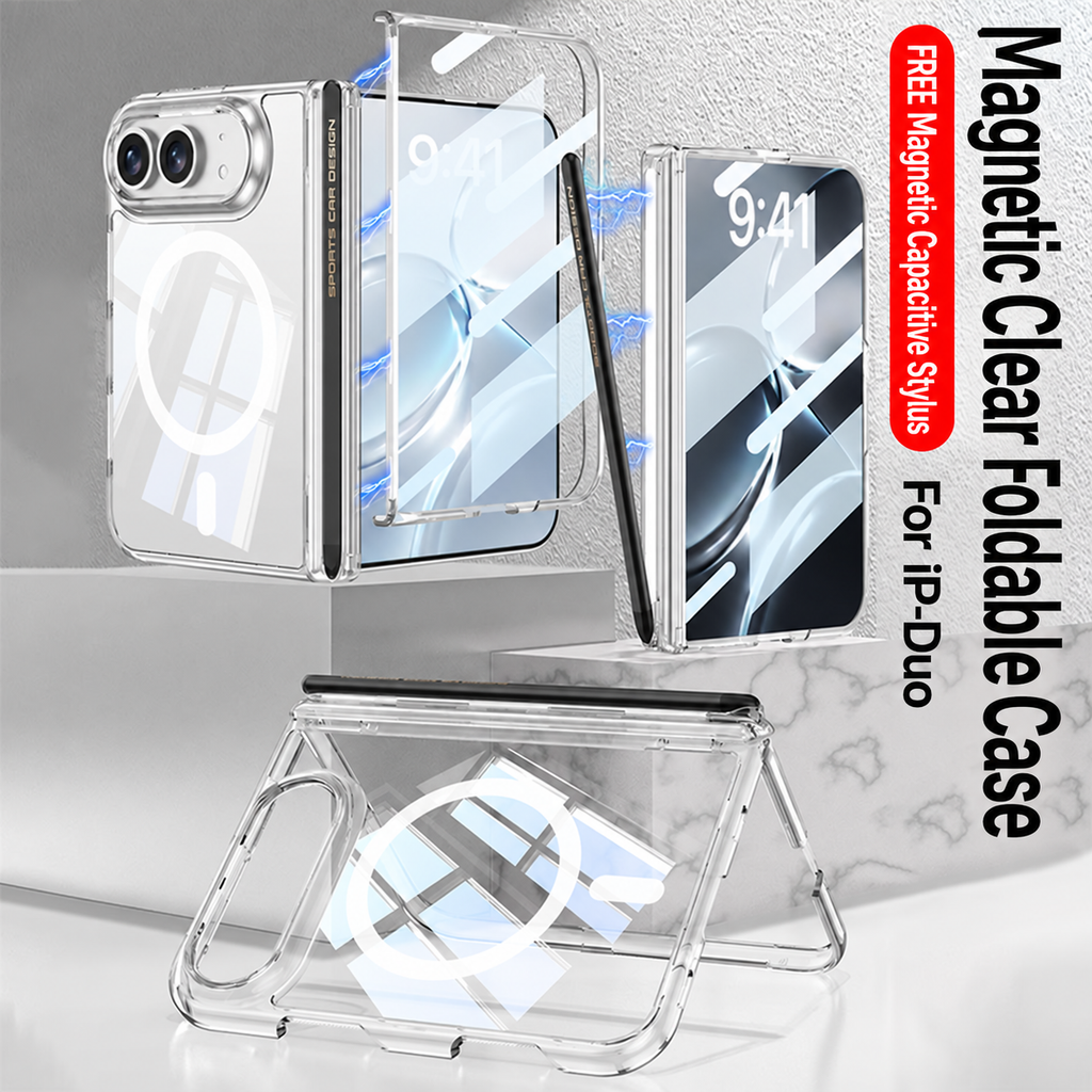 iPhone Duo - Magnetic Hinge Protection Clear Cover Built-in Tempered Glass Film & Magnetic Stylus
