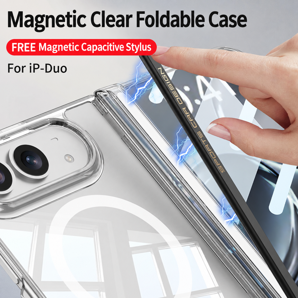 iPhone Duo - Magnetic Hinge Protection Clear Cover Built-in Tempered Glass Film & Magnetic Stylus