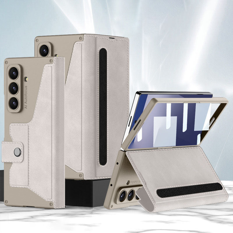 Leather Armor Shockproof Phone Case With Back Screen Film & Pen-Slot For Galaxy Z Fold 7/6/5/4/3