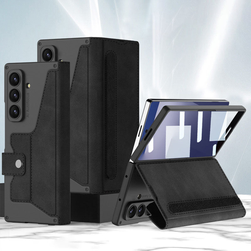 Leather Armor Shockproof Phone Case With Back Screen Film & Pen-Slot For Galaxy Z Fold 7/6/5/4/3