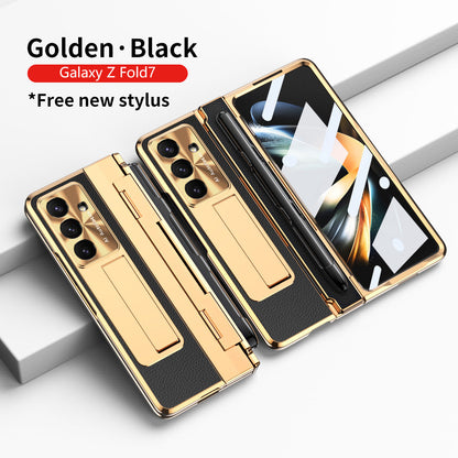 Luxury Leather Magnetic Bracket Shell Electroplated Phone Case For Galaxy Z Fold 7/6/5/4/3 With Back Screen Glass