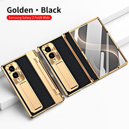 Luxury Leather Magnetic Bracket Shell Electroplated Phone Case With Screen Protector For Galaxy Z Fold8 Wide Ultra