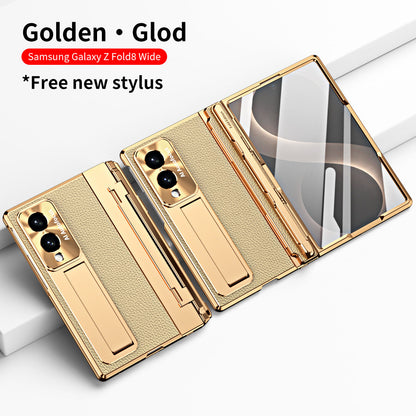 Luxury Leather Magnetic Bracket Shell Electroplated Phone Case With Screen Protector For Galaxy Z Fold8 Wide Ultra